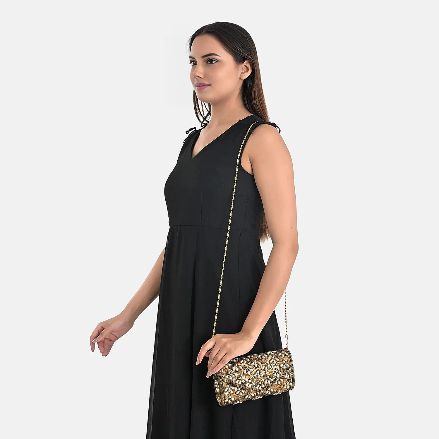 La Marey Beige Bead Work in Dupion Silk Sling Bag with Shoulder Chain Strap