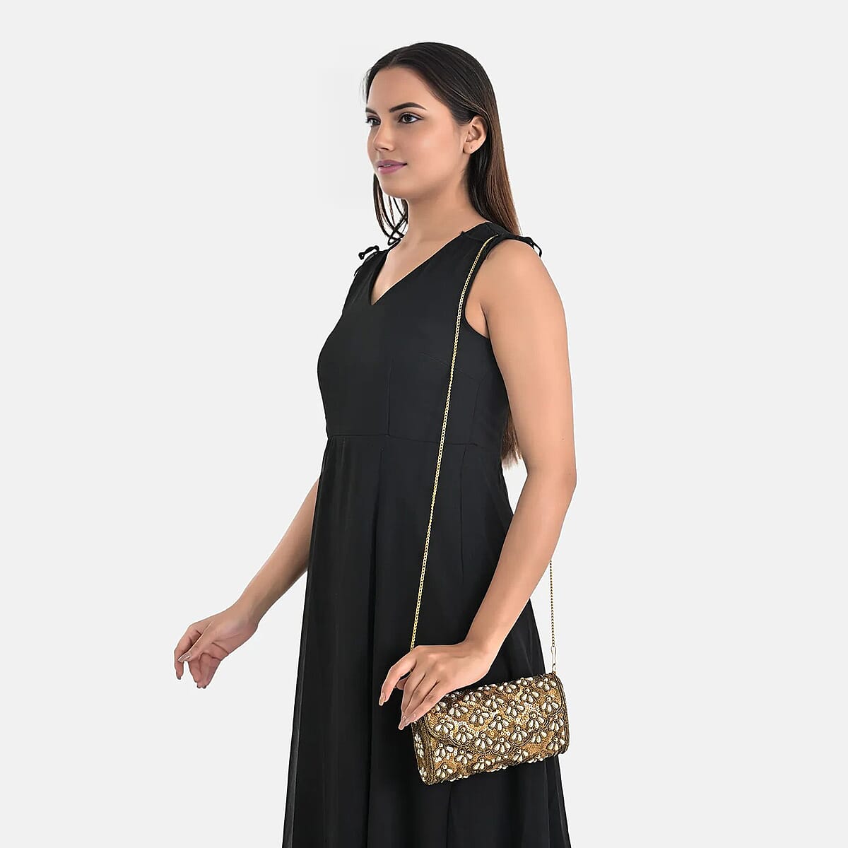 La Marey Beige Genuine Leather Bead Work in Dupion Silk Sling Bag with Shoulder Chain Strap image number 2