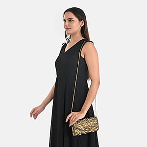 La Marey Beige Bead Work in Dupion Silk Sling Bag with Shoulder Chain Strap