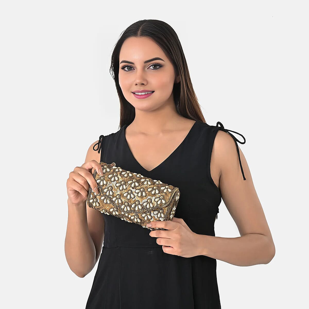 La Marey Beige Genuine Leather Bead Work in Dupion Silk Sling Bag with Shoulder Chain Strap image number 3