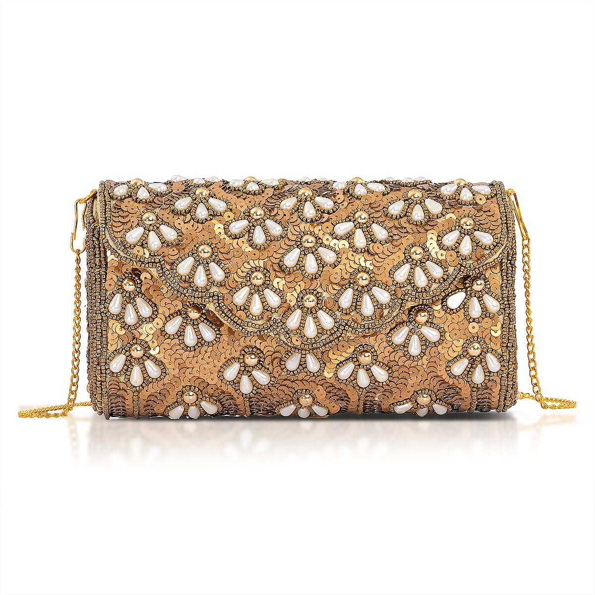 La Marey Beige Genuine Leather Bead Work in Dupion Silk Sling Bag with Shoulder Chain Strap image number 5