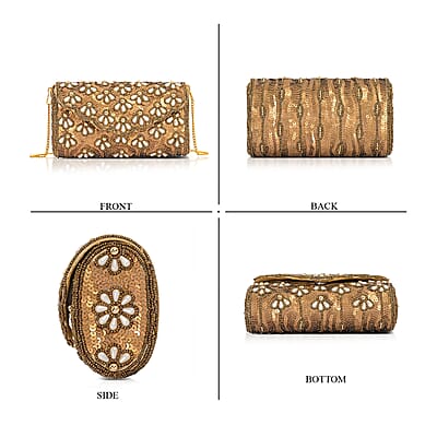 La Marey Beige Bead Work in Dupion Silk Sling Bag with Shoulder Chain Strap