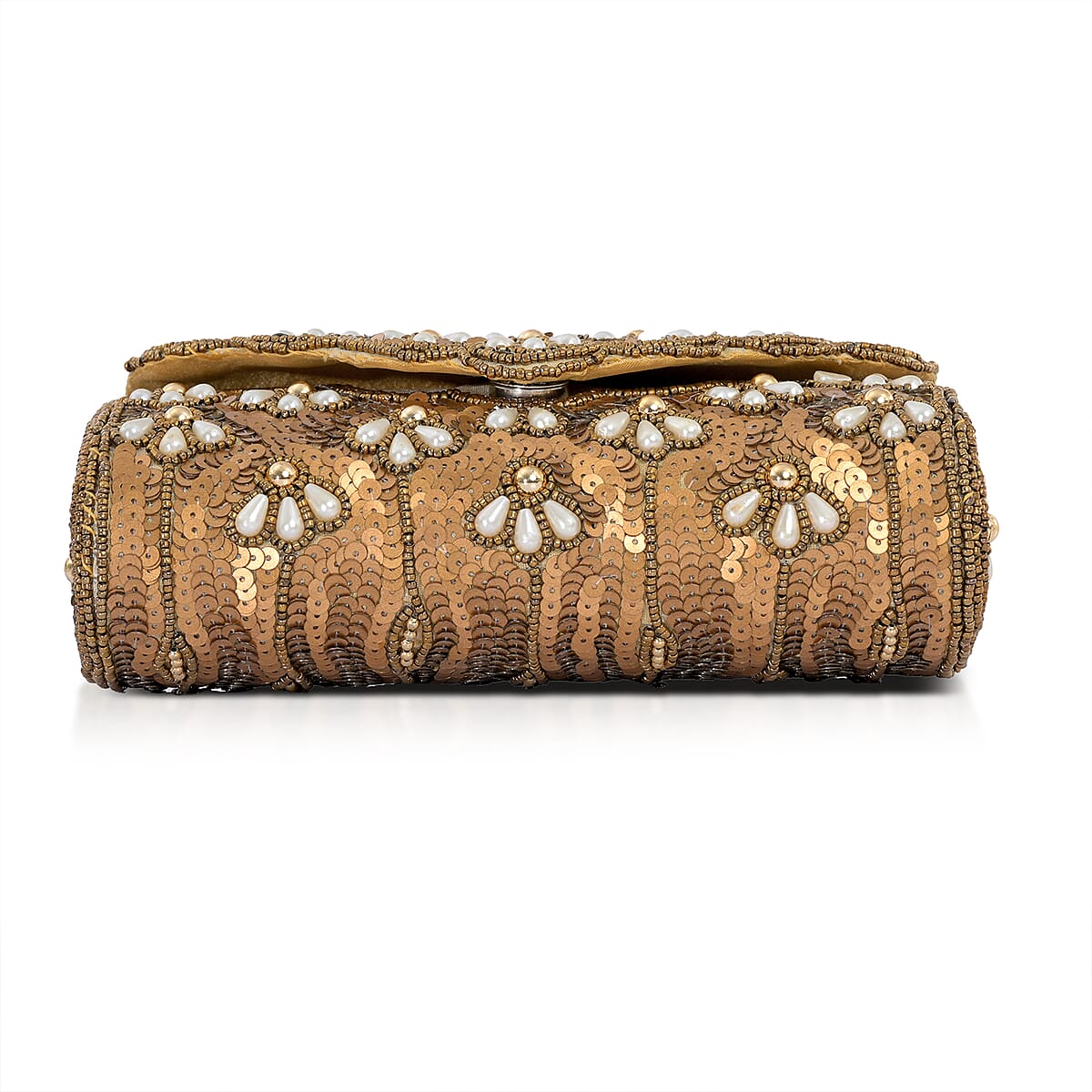 La Marey Beige Genuine Leather Bead Work in Dupion Silk Sling Bag with Shoulder Chain Strap image number 7