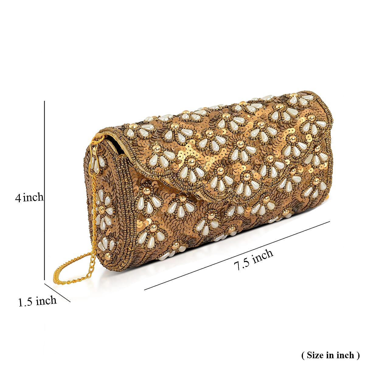 La Marey Beige Genuine Leather Bead Work in Dupion Silk Sling Bag with Shoulder Chain Strap image number 8