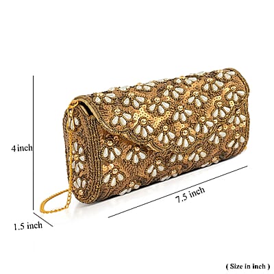 La Marey Beige Bead Work in Dupion Silk Sling Bag with Shoulder Chain Strap