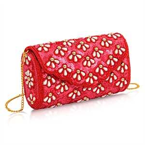 La Marey Red Bead Work in Dupion Silk Sling Bag with Shoulder Chain Strap