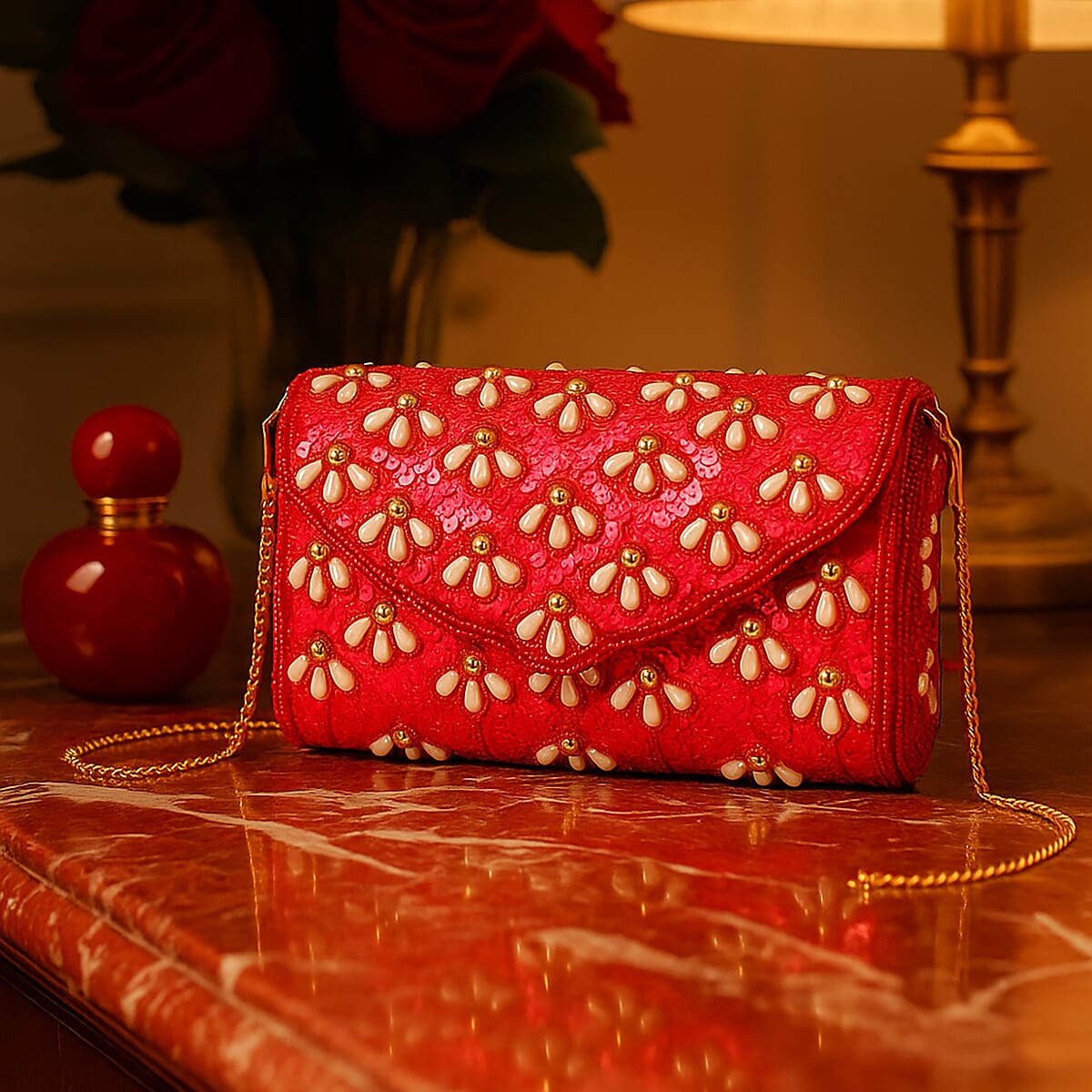 La Marey Red Bead Work in Dupion Silk Sling Bag with Shoulder Chain Strap image number 1