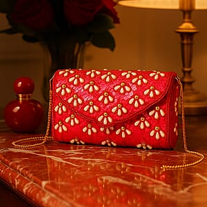 La Marey Red Bead Work in Dupion Silk Sling Bag with Shoulder Chain Strap