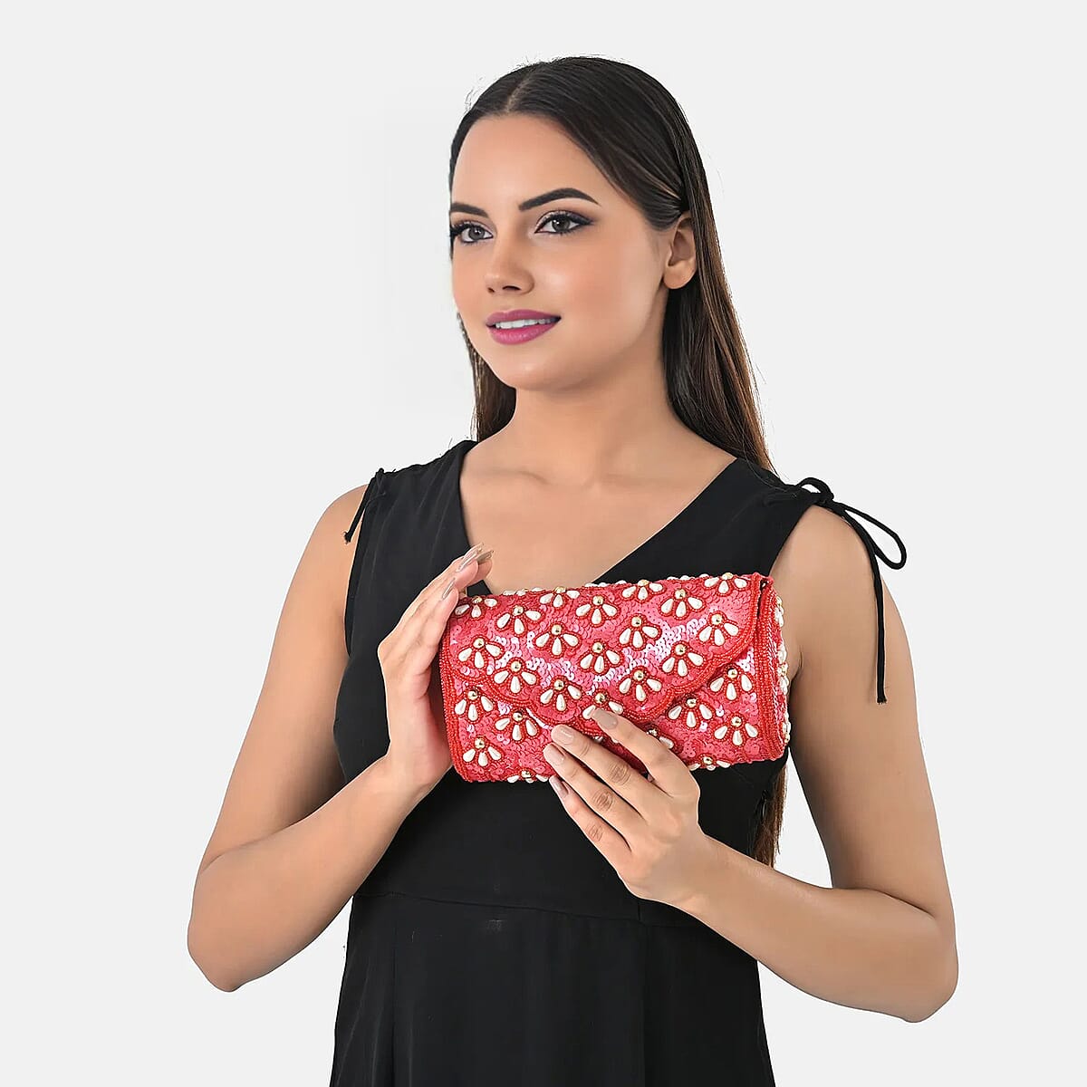 La Marey Red Bead Work in Dupion Silk Sling Bag with Shoulder Chain Strap image number 2