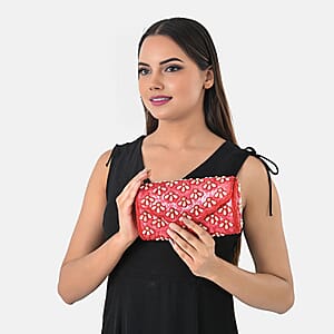 La Marey Red Bead Work in Dupion Silk Sling Bag with Shoulder Chain Strap