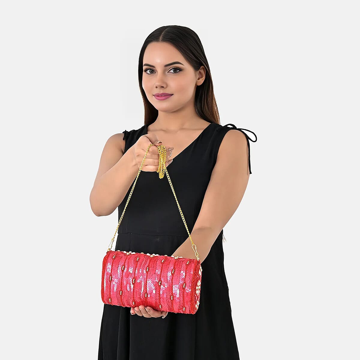 La Marey Red Bead Work in Dupion Silk Sling Bag with Shoulder Chain Strap image number 4