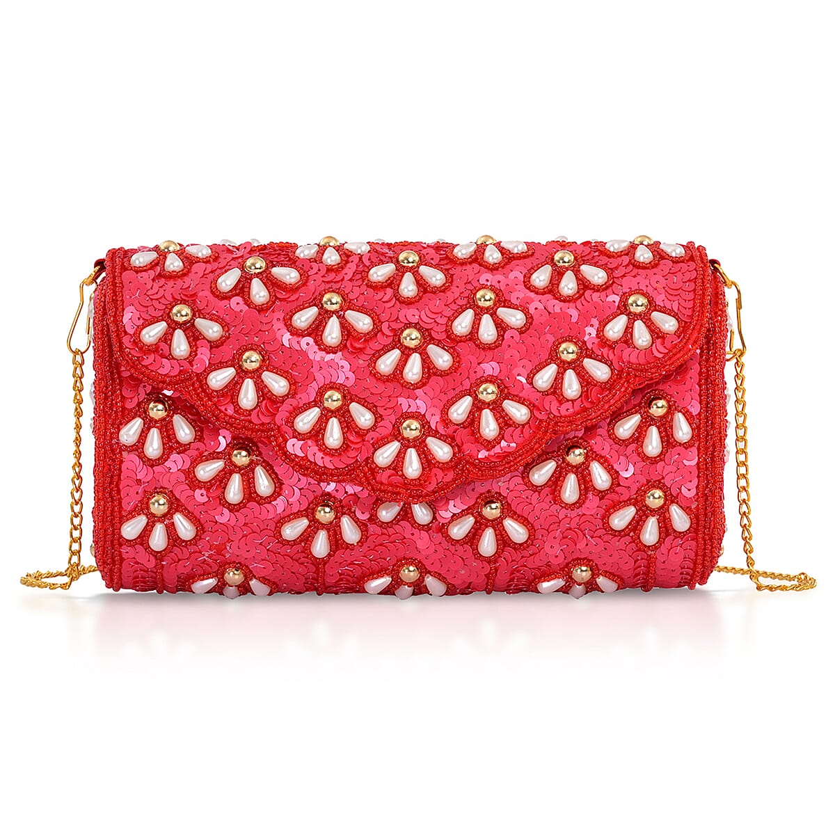 La Marey Red Bead Work in Dupion Silk Sling Bag with Shoulder Chain Strap image number 5