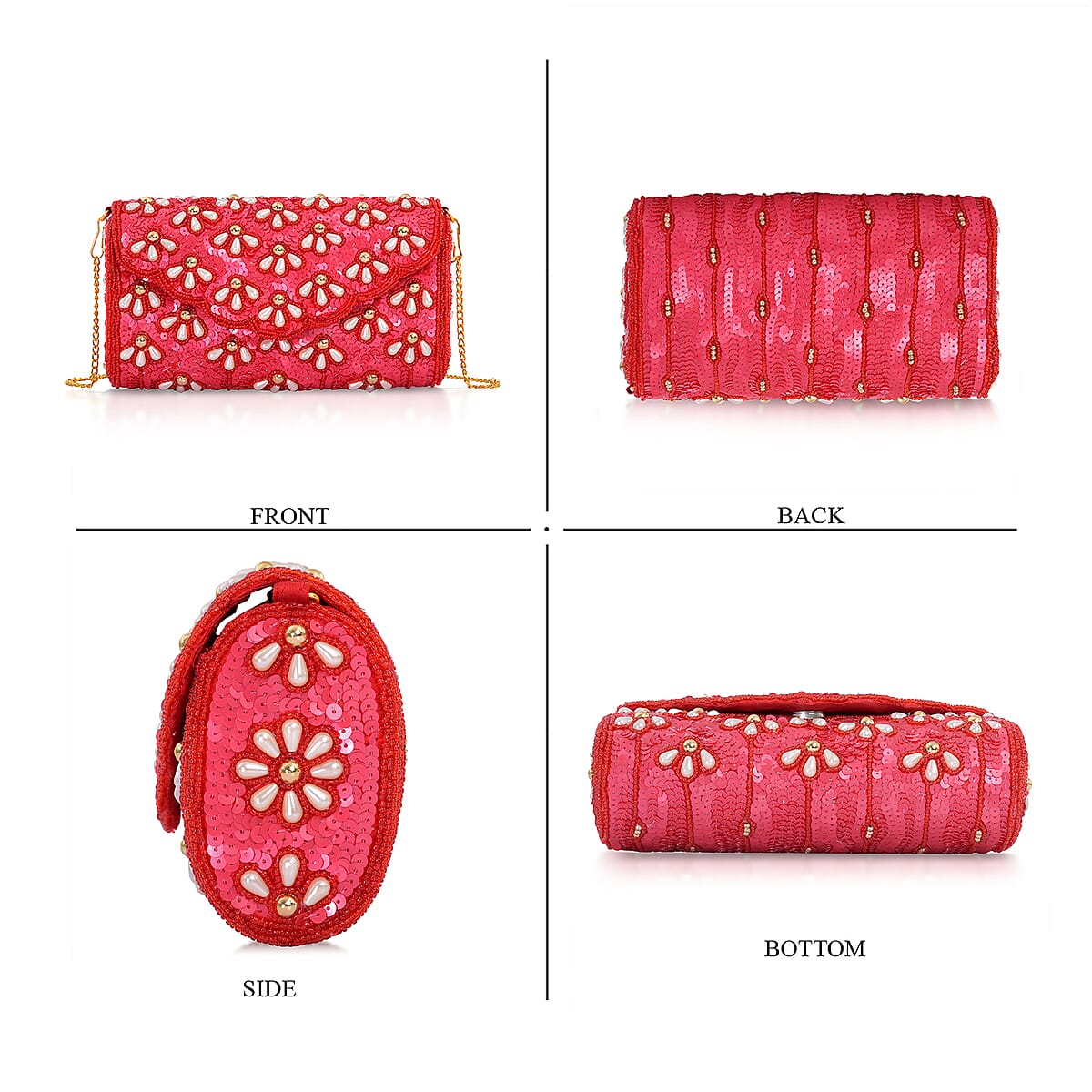 La Marey Red Bead Work in Dupion Silk Sling Bag with Shoulder Chain Strap image number 6