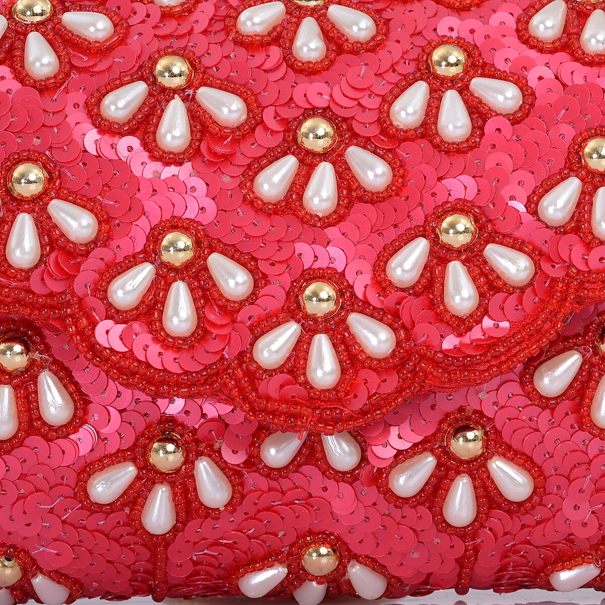 La Marey Red Bead Work in Dupion Silk Sling Bag with Shoulder Chain Strap image number 7