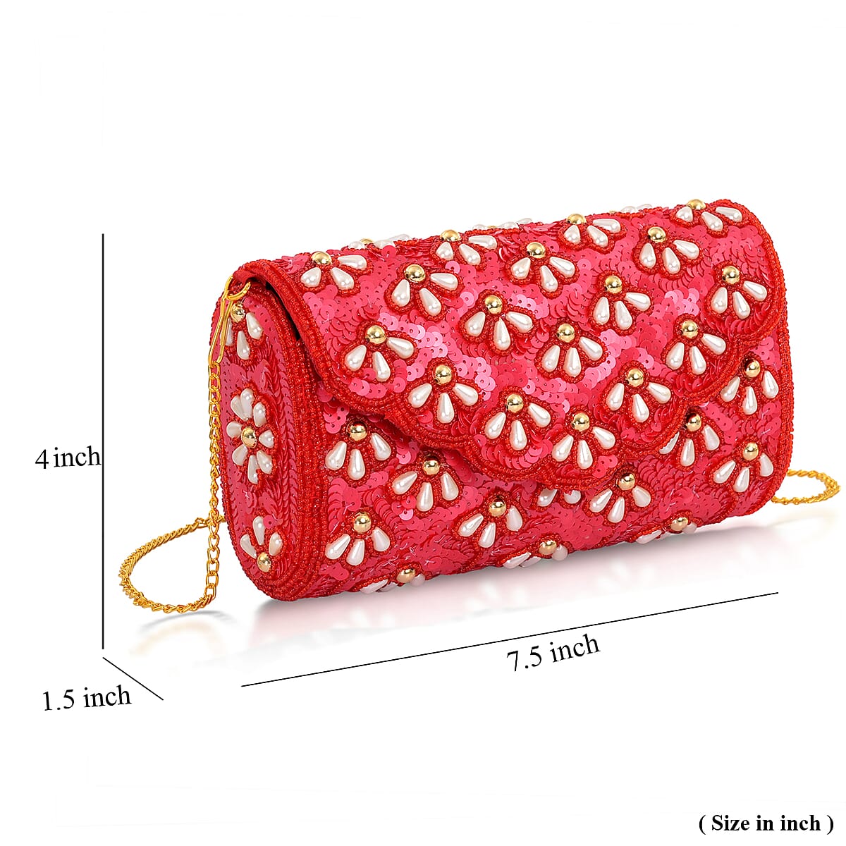 La Marey Red Bead Work in Dupion Silk Sling Bag with Shoulder Chain Strap image number 8