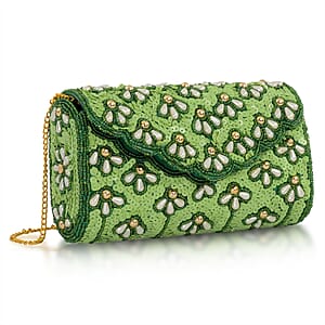 La Marey Green Bead Work in Dupion Silk Sling Bag with Shoulder Chain Strap