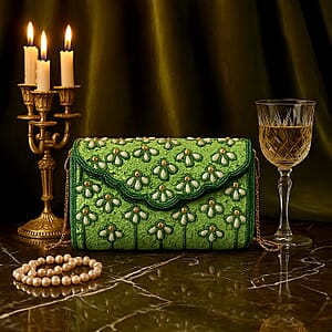 La Marey Green Bead Work in Dupion Silk Sling Bag with Shoulder Chain Strap