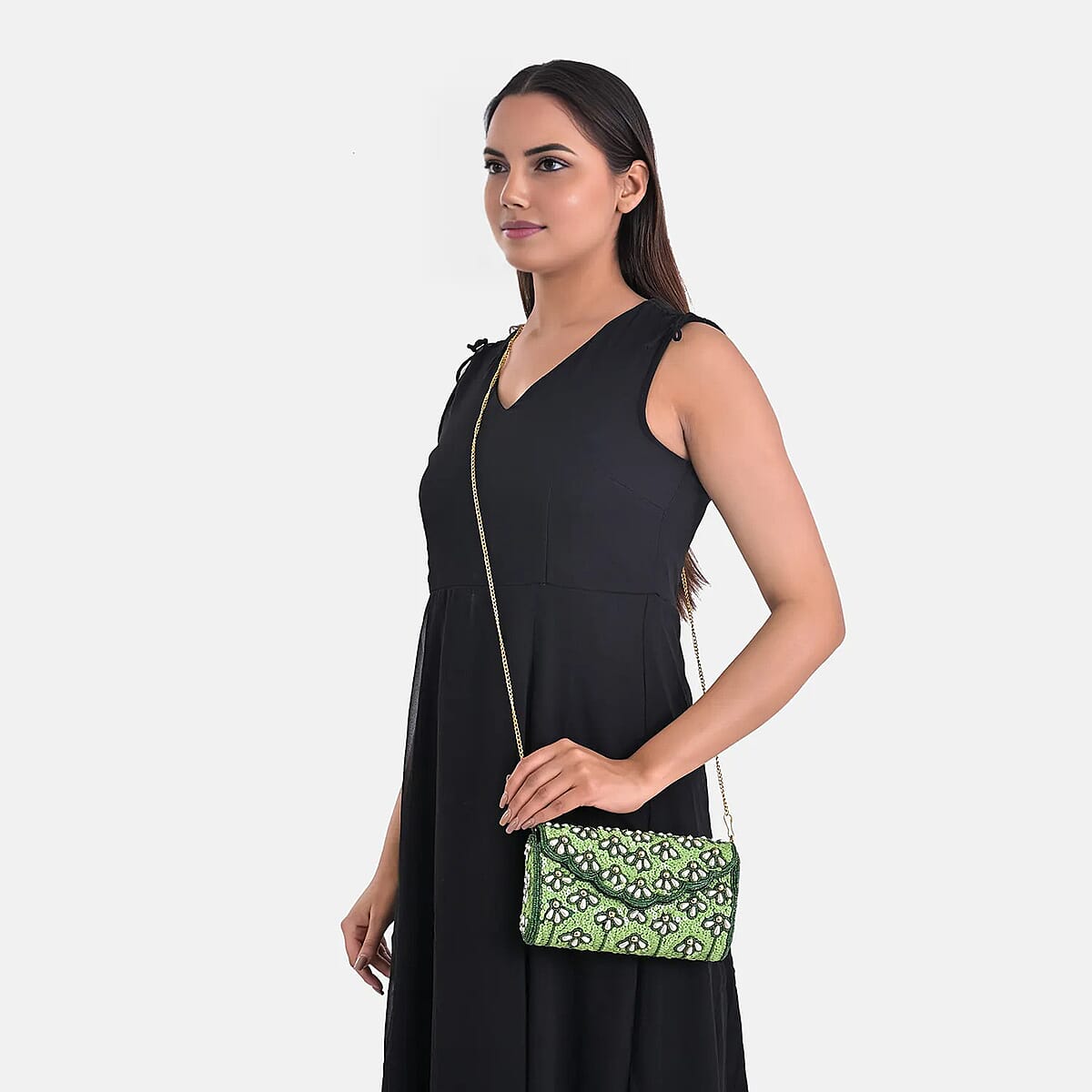 La Marey Green Bead Work in Dupion Silk Sling Bag with Shoulder Chain Strap image number 2