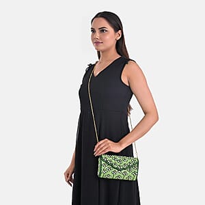 La Marey Green Bead Work in Dupion Silk Sling Bag with Shoulder Chain Strap