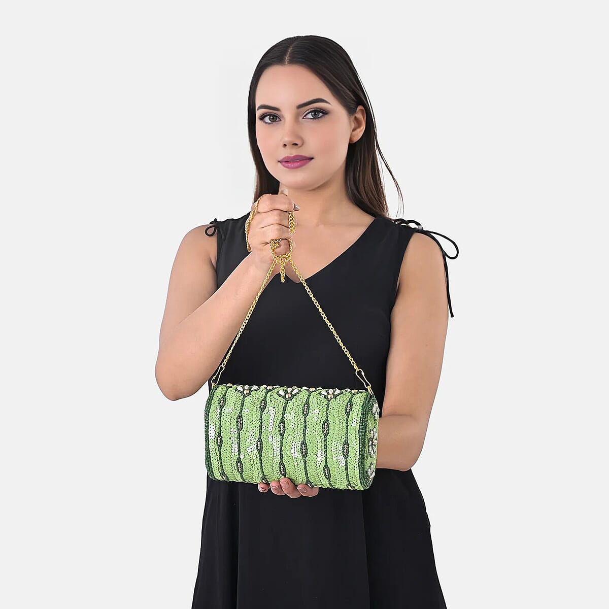 La Marey Green Bead Work in Dupion Silk Sling Bag with Shoulder Chain Strap image number 3