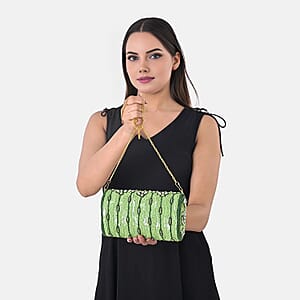 La Marey Green Bead Work in Dupion Silk Sling Bag with Shoulder Chain Strap