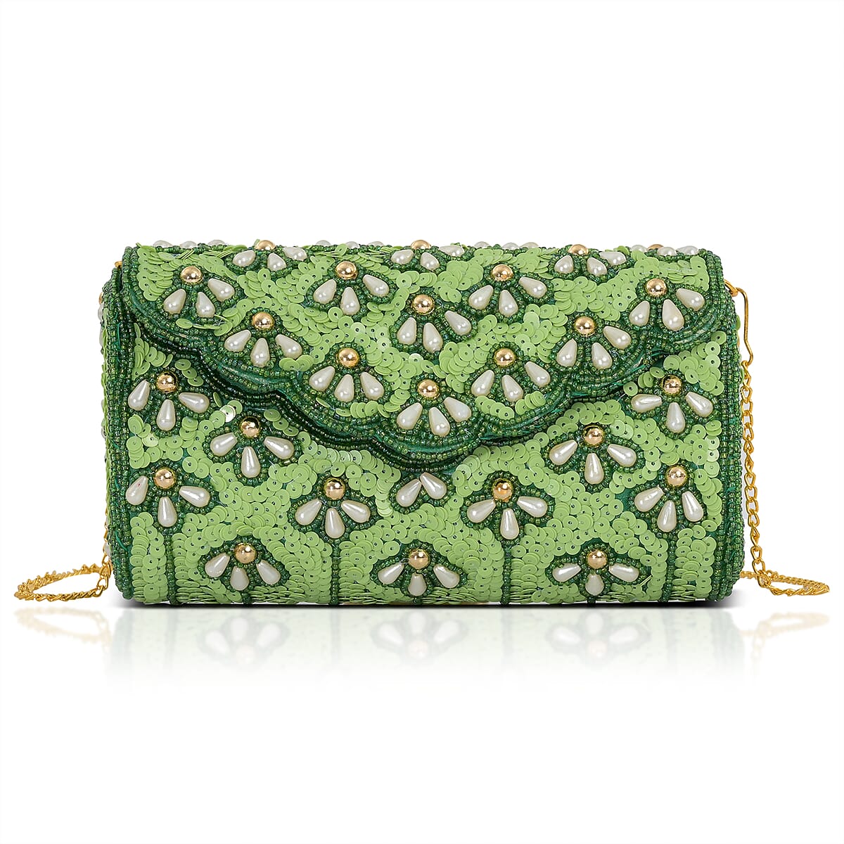 La Marey Green Bead Work in Dupion Silk Sling Bag with Shoulder Chain Strap image number 5