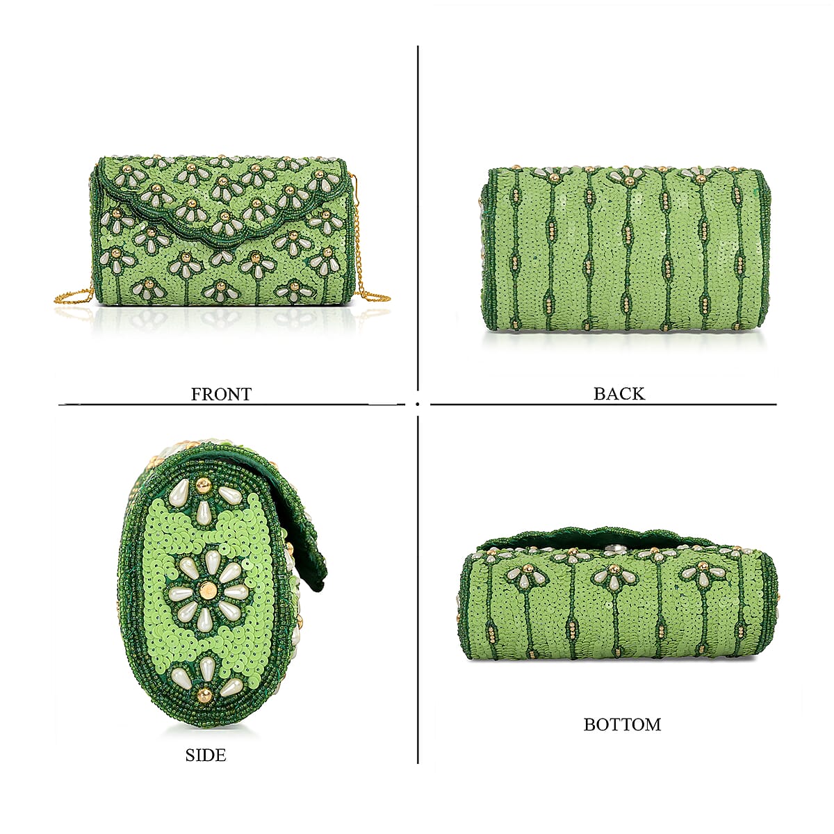 La Marey Green Bead Work in Dupion Silk Sling Bag with Shoulder Chain Strap image number 6