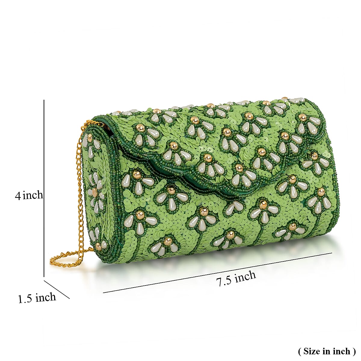 La Marey Green Bead Work in Dupion Silk Sling Bag with Shoulder Chain Strap image number 8