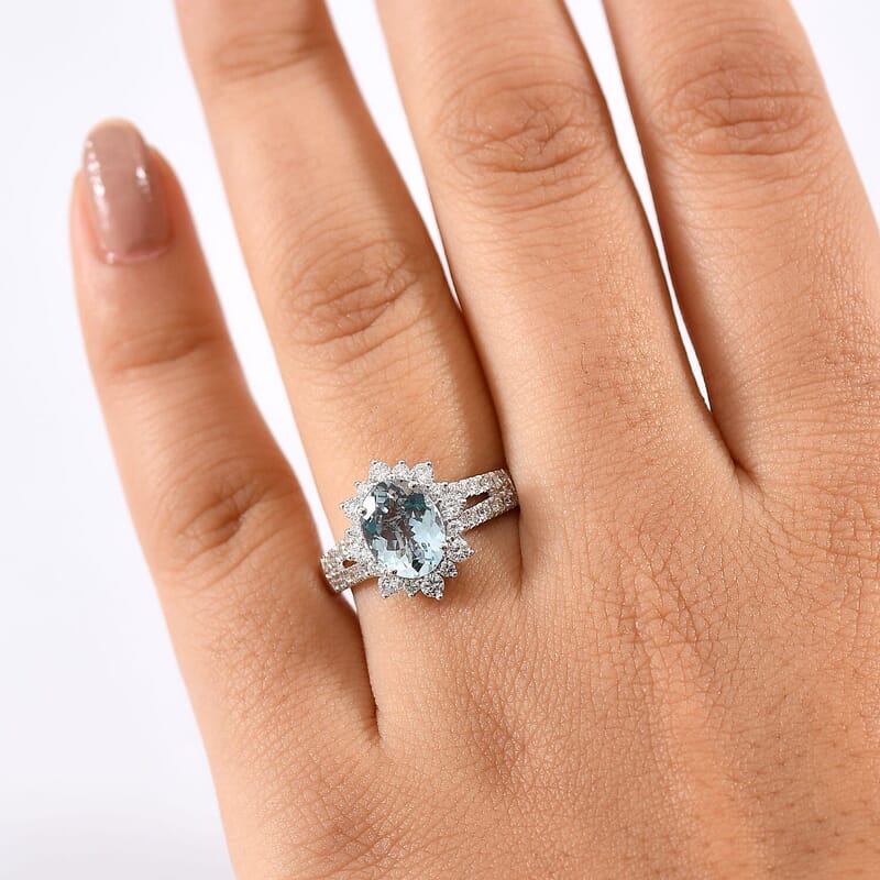 Certified & Appraised AAA Espirito Aquamarine and Luxuriant Lab Grown Diamond G-H SI 2.24 ctw Ring in 10K White Gold (Size 10.0)