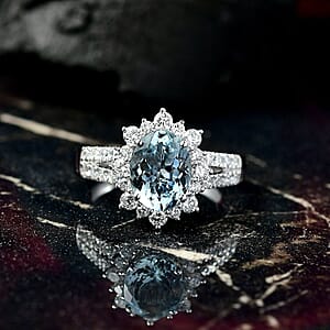 Certified & Appraised 10K White Gold AAA Espirito Aquamarine, Luxuriant Lab Grown Diamond (G-H, SI) Ring (Size 11.0) 2.24 ctw