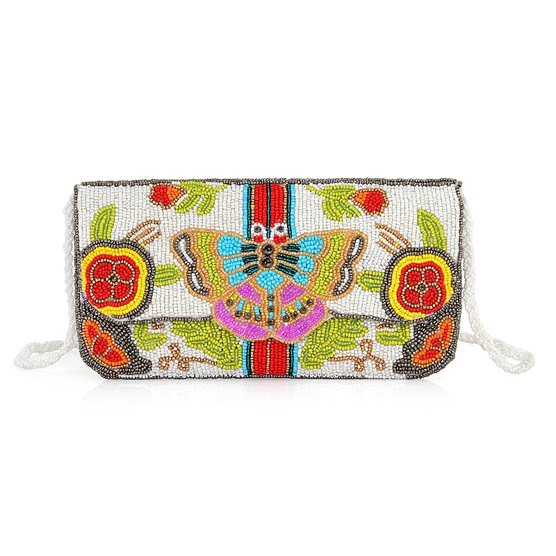 La Marey White Bead Work Dupion Silk Sling Bag with Shoulder Strap