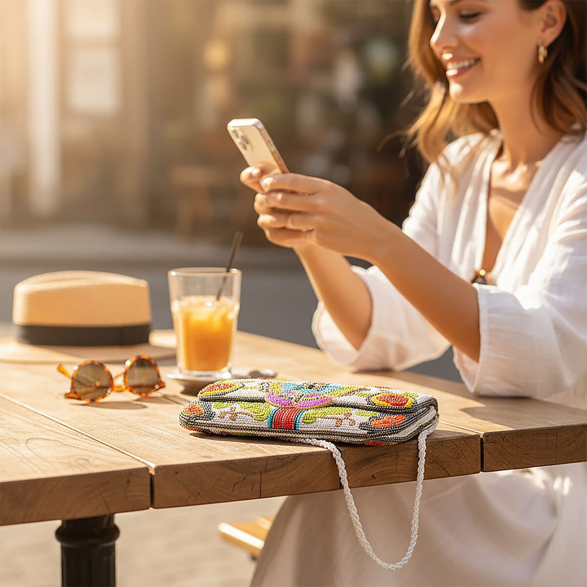 La Marey White Bead Work Dupion Silk Sling Bag with Shoulder Strap image number 1