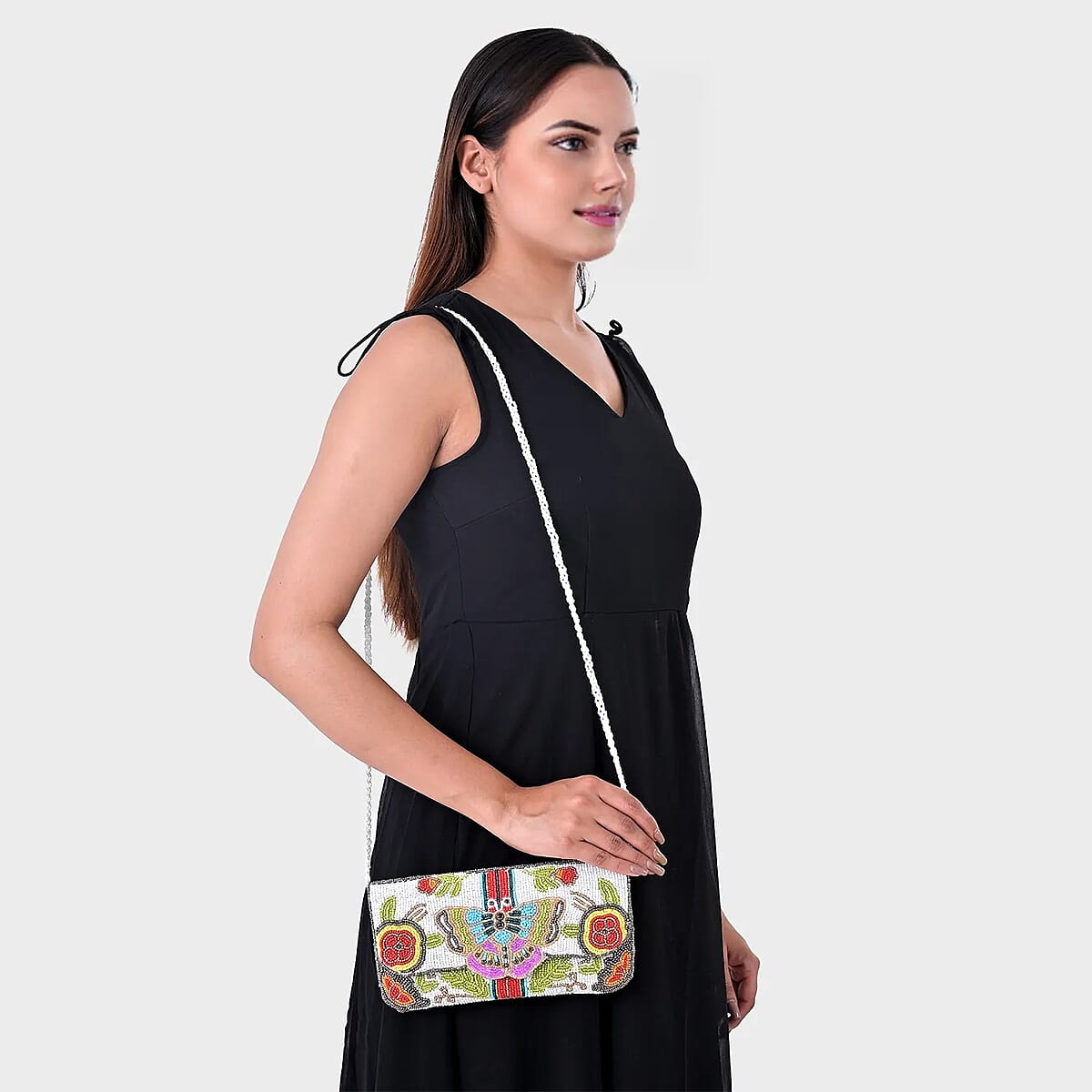 La Marey White Bead Work Dupion Silk Sling Bag with Shoulder Strap image number 2