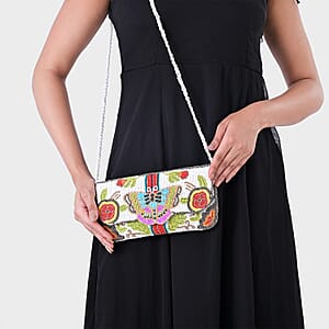 La Marey White Bead Work Dupion Silk Sling Bag with Shoulder Strap