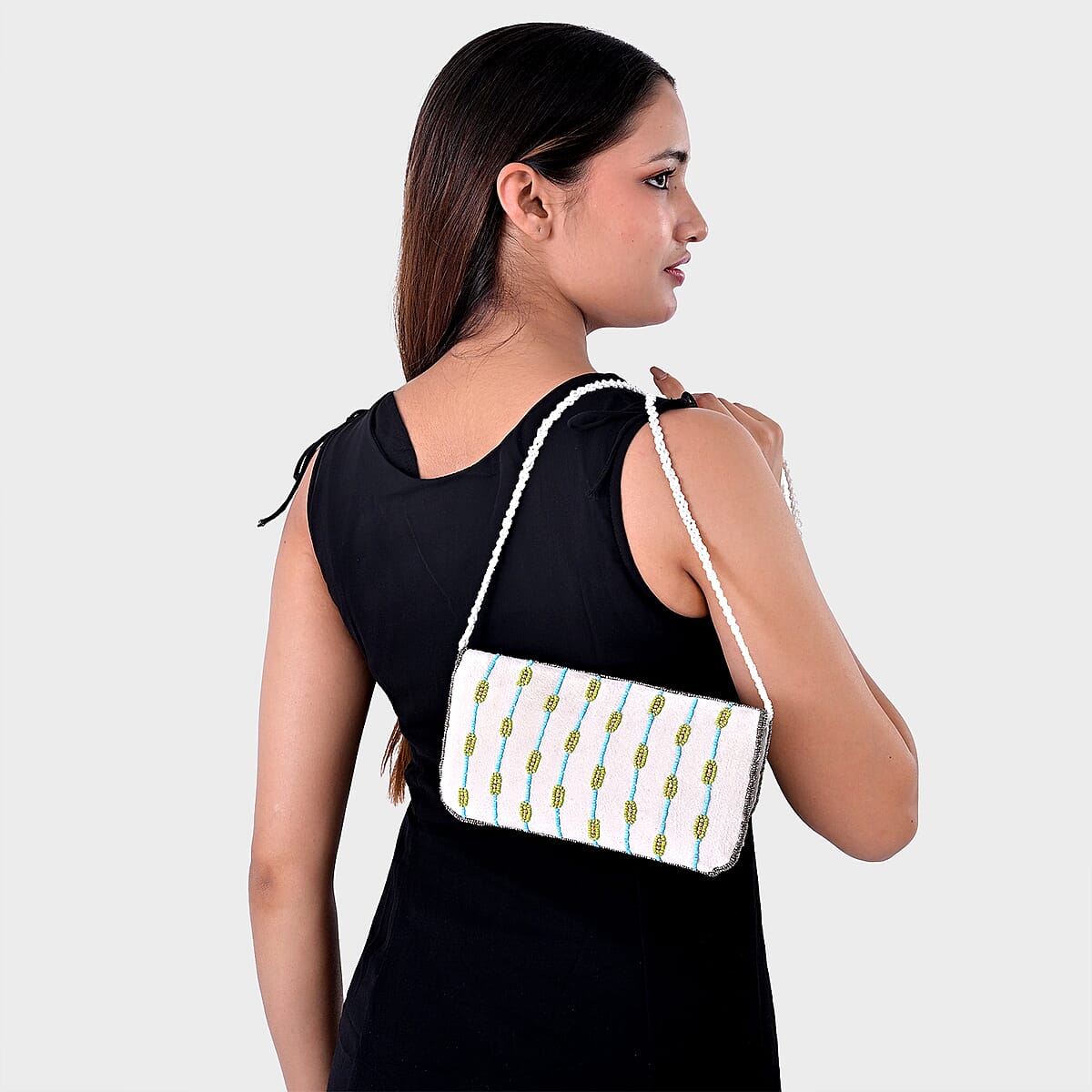 La Marey White Bead Work Dupion Silk Sling Bag with Shoulder Strap image number 4