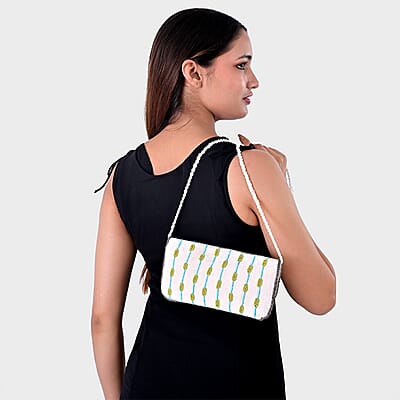 La Marey White Bead Work Dupion Silk Sling Bag with Shoulder Strap