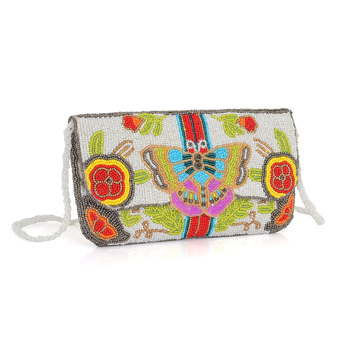 La Marey White Bead Work Dupion Silk Sling Bag with Shoulder Strap image number 5