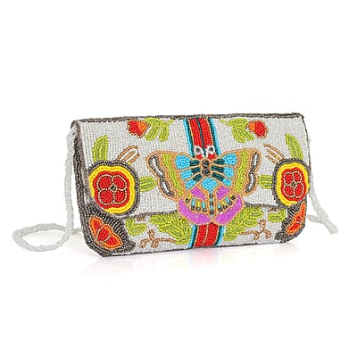 La Marey White Bead Work Dupion Silk Sling Bag with Shoulder Strap