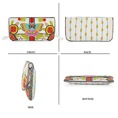 La Marey White Bead Work Dupion Silk Sling Bag with Shoulder Strap