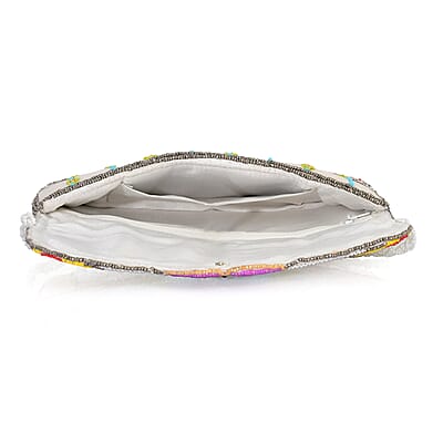La Marey White Bead Work Dupion Silk Sling Bag with Shoulder Strap