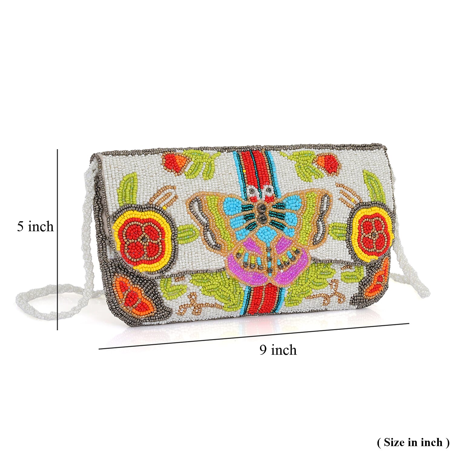 La Marey White Bead Work Dupion Silk Sling Bag with Shoulder Strap