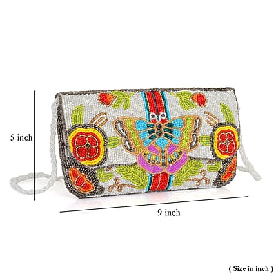 La Marey White Bead Work Dupion Silk Sling Bag with Shoulder Strap