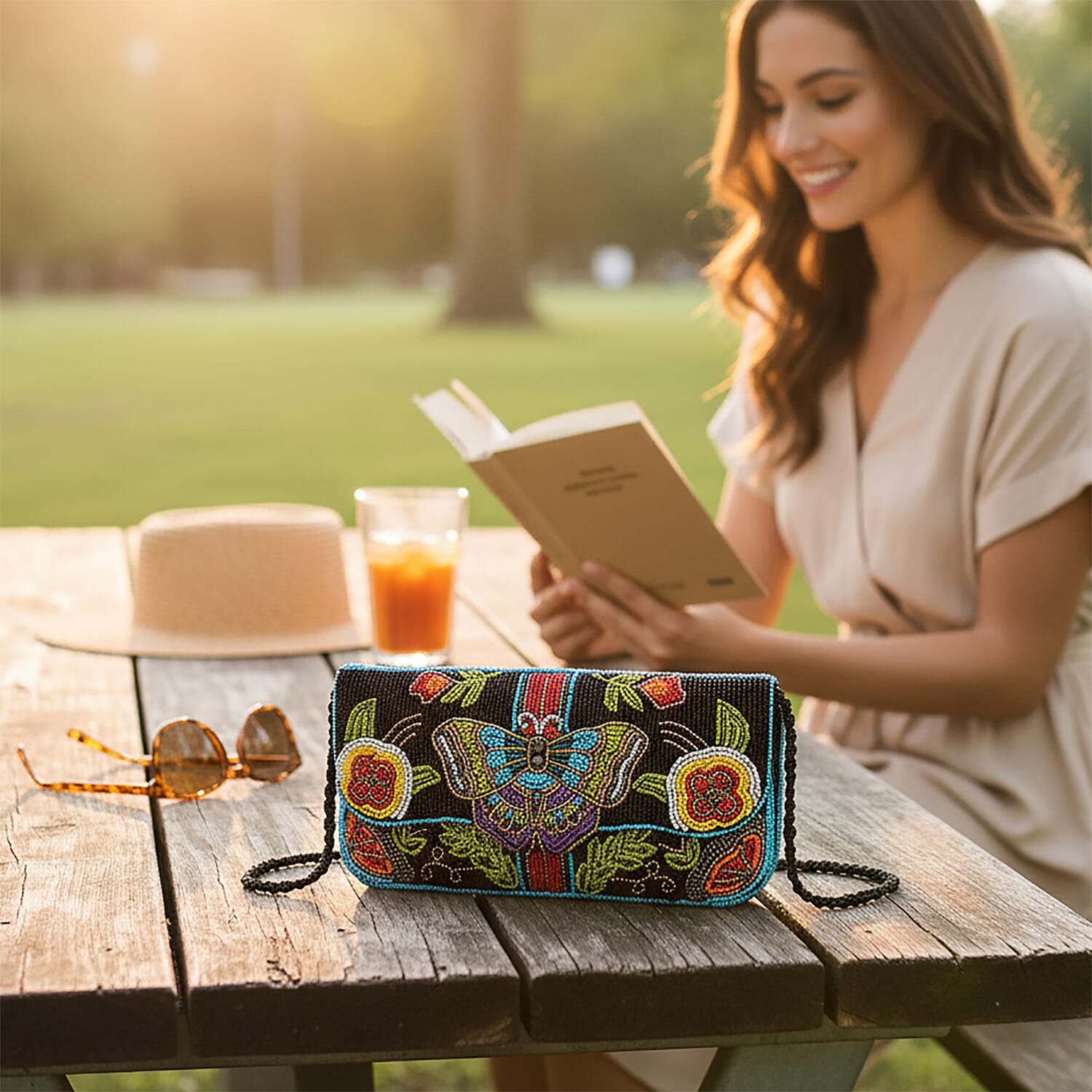 La Marey Black Bead Work Dupion Silk Sling Bag with Shoulder Strap