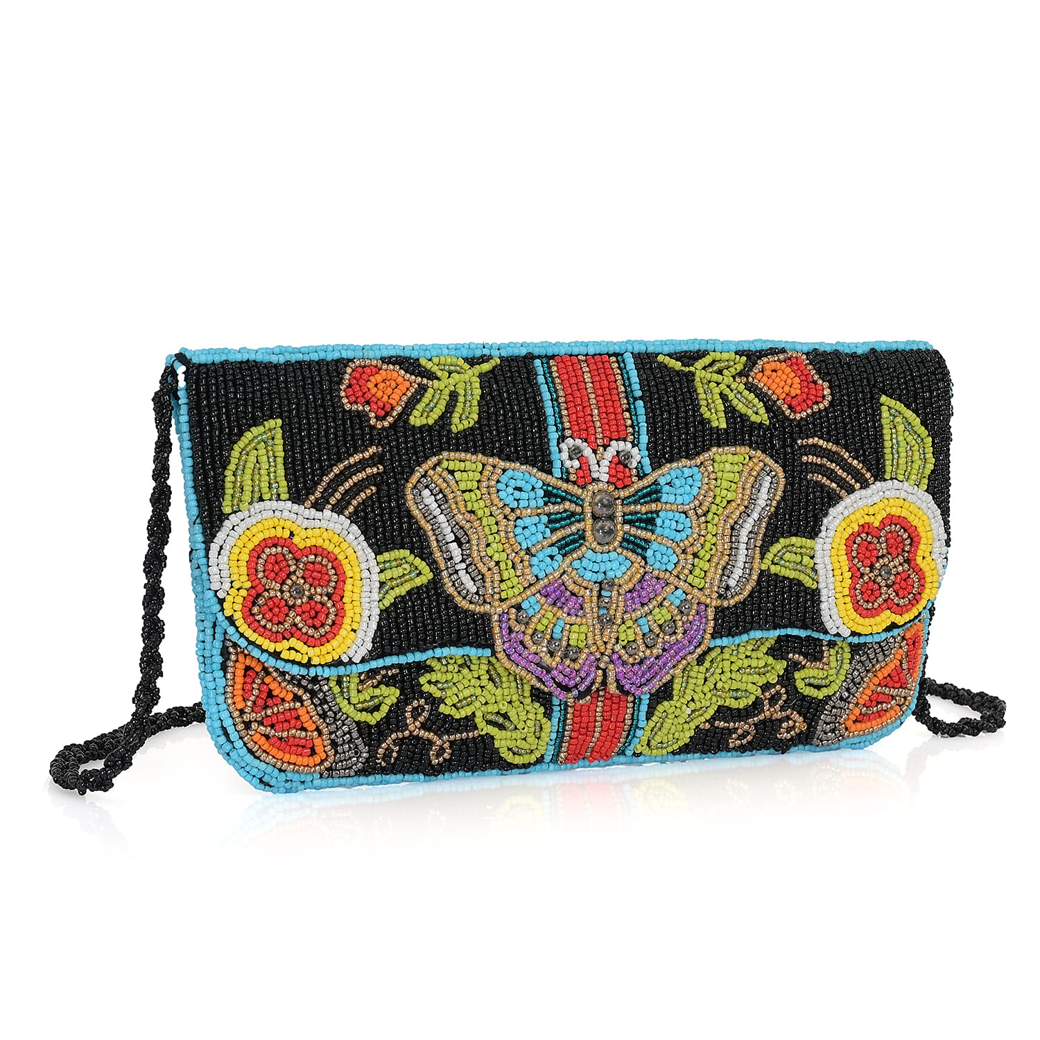 La Marey Black Bead Work Dupion Silk Sling Bag with Shoulder Strap