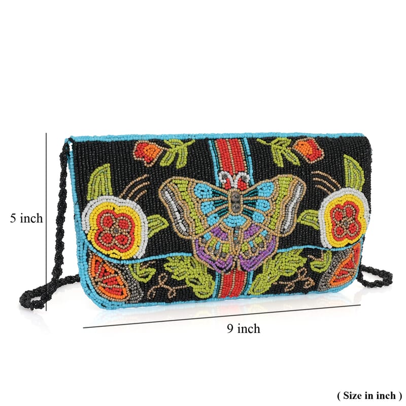 La Marey Black Bead Work Dupion Silk Sling Bag with Shoulder Strap