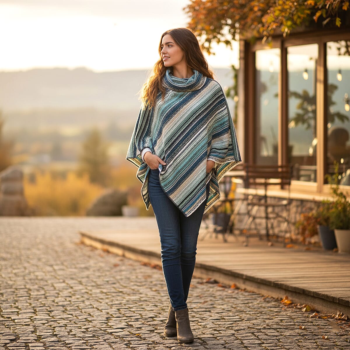 TAMSY Teal Striped Knit Poncho image number 1