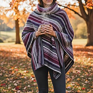 TAMSY Burgundy Striped Knit Poncho