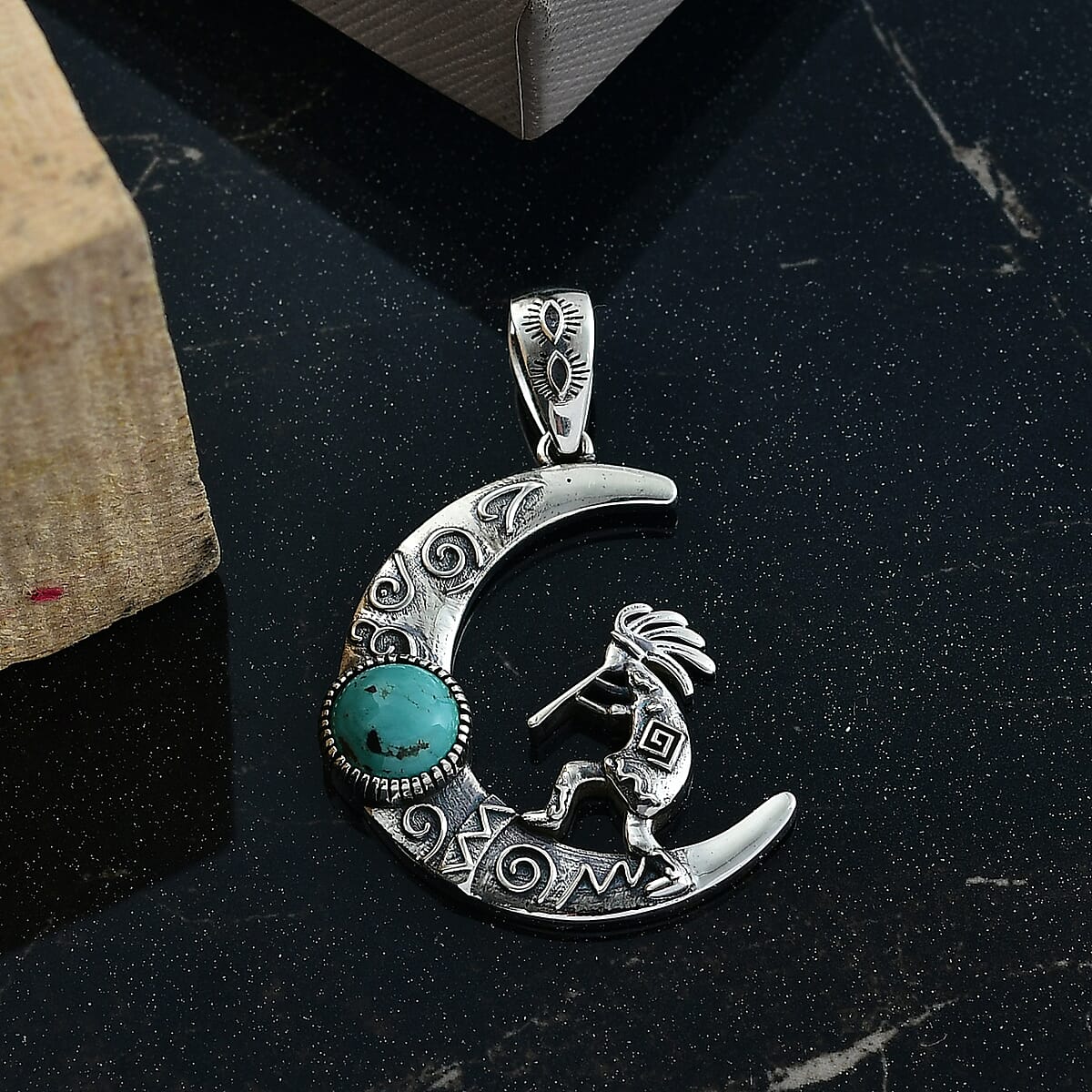 D'Joy Artisan Crafted Tahoe Naveda Turquoise 1.90 ctw Kokopelli Pendant without Chain in Sterling Silver  image number 1