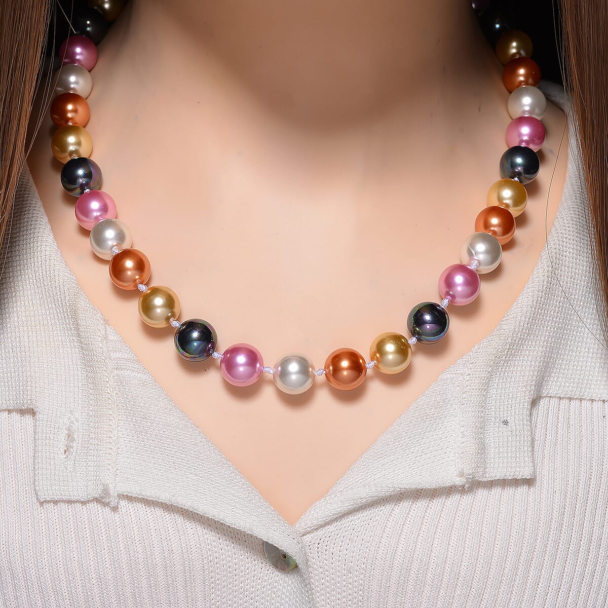 Multi Color Shell Pearl Necklace in ION Plated RG Stainless Steel 20 Inches image number 1