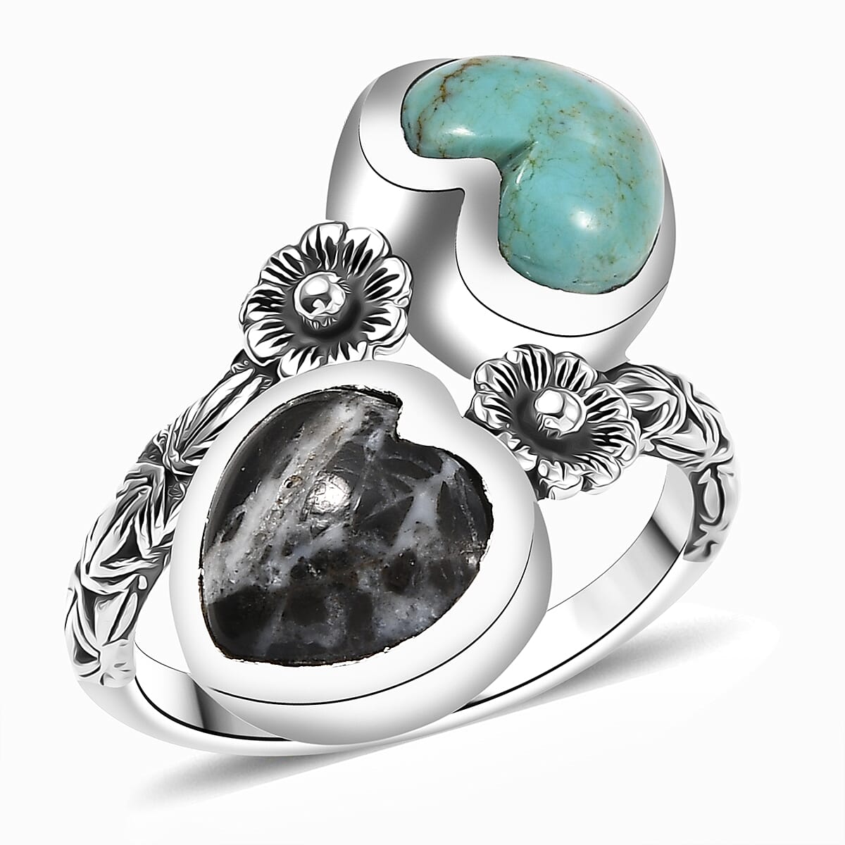 D'Joy Artisan Crafted Tahoe Naveda Turquoise and White Buffalo 5.20 ctw Heart Bypass Ring in Sterling Silver (Size 5.0) image number 0
